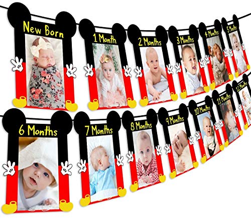 Kreatwow Mickey 1st Birthday Photo Banner Hito mensual Recién nacido a 12 meses Photo Banner para Mickey y Minnie Primer cumpleaños Fiesta Decoraciones Suministros