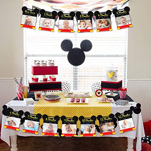 Kreatwow Mickey 1st Birthday Photo Banner Hito mensual Recién nacido a 12 meses Photo Banner para Mickey y Minnie Primer cumpleaños Fiesta Decoraciones Suministros