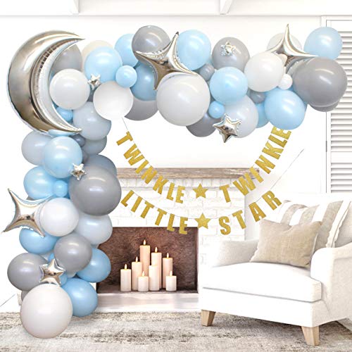 Kreatwow Twinkle Baby Shower, Decoraciones de cumpleaños para niño - Arco de Globos Azul y Gris Moon & Star, Pancarta Dorada Twinkle Little Star