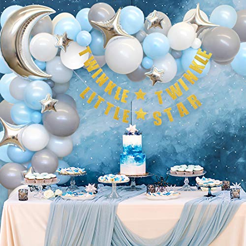 Kreatwow Twinkle Baby Shower, Decoraciones de cumpleaños para niño - Arco de Globos Azul y Gris Moon & Star, Pancarta Dorada Twinkle Little Star