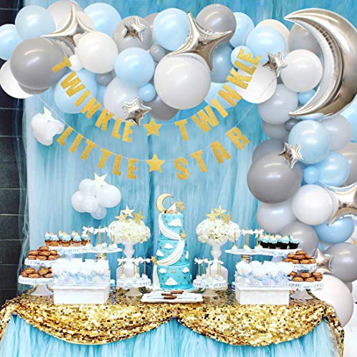 Kreatwow Twinkle Baby Shower, Decoraciones de cumpleaños para niño - Arco de Globos Azul y Gris Moon & Star, Pancarta Dorada Twinkle Little Star