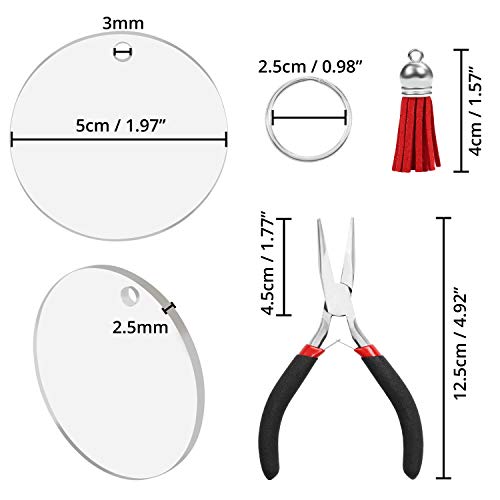 Kurtzy Set Llavero Transparente Circulo en Blanco Acrílico con Colgante de Borla (Pack de 40) Diámetro del Llavero de 5 cm - Llaveros para Manualidades Borlas Decorativas, Proyectos Vinilo y Regalos