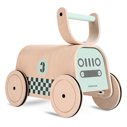 Lalaloom RACER - Andador para bebe de madera natural (diseño coche de carreras, correpasillos para equilibrio, juguete, caminador con ruedas), 47x23x37 cm, color Verde