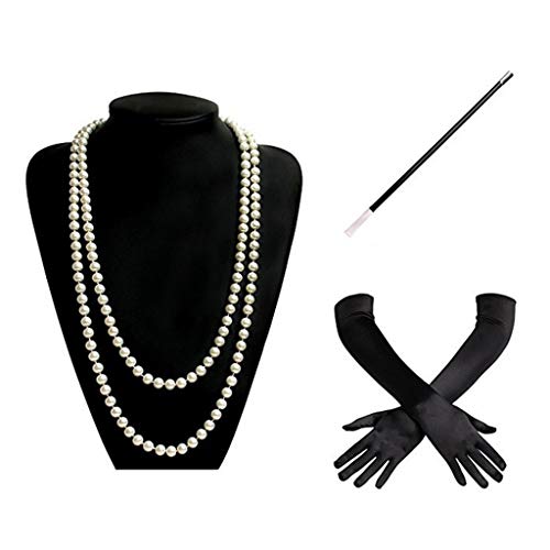 Lamdoo 1920s Charleston Flapper Girl Disfraz Conjunto Vestido Elegante Collar de Cuentas de Perlas de imitación Guantes Negros Largos Porta Cigarrillos para Mujeres