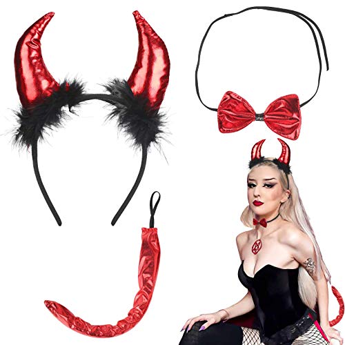 LAMEK 3 Piezas Diadema Diablo de Rojo Disfraces Demonio Cuernos de Diablesa Pelo Banda Cola de Demonio Pajarita de Demonio Accesorio de Fiesta para Niños Mujeres Carnaval Mascarada Cosplay Halloween