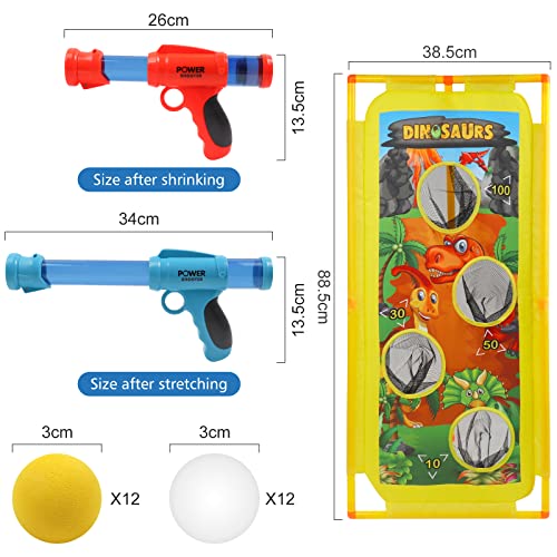 Lanzador Pelotas Espuma y Objetivo de Tiro Dinosaurio, 2 Pcs Juguete Power Gun con Objetivo de Disparo de Pie, Regalo Perfecto para Niños, Juguete de Rol para Interiores y Exteriores