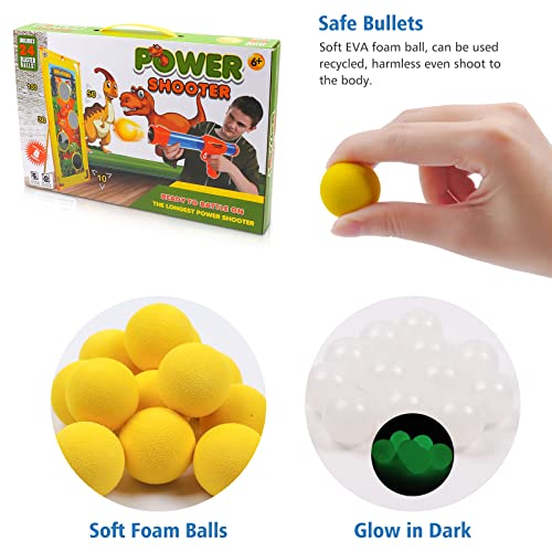 Lanzador Pelotas Espuma y Objetivo de Tiro Dinosaurio, 2 Pcs Juguete Power Gun con Objetivo de Disparo de Pie, Regalo Perfecto para Niños, Juguete de Rol para Interiores y Exteriores