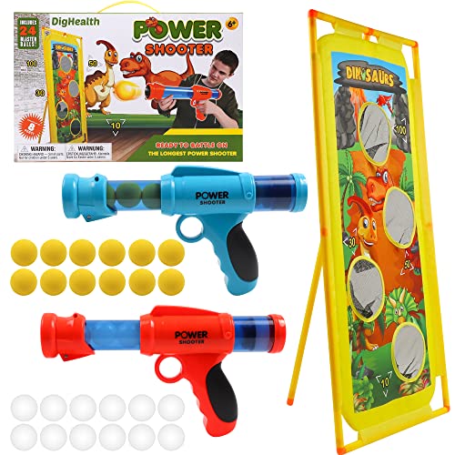 Lanzador Pelotas Espuma y Objetivo de Tiro Dinosaurio, 2 Pcs Juguete Power Gun con Objetivo de Disparo de Pie, Regalo Perfecto para Niños, Juguete de Rol para Interiores y Exteriores