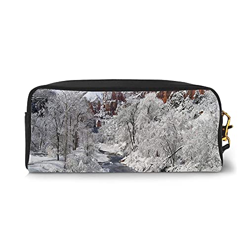 Large Capacity Pencil Case Durable,Winter Scene Of Snowy Trees And River,School Student Organizer Stationery Makeup bag for unisex