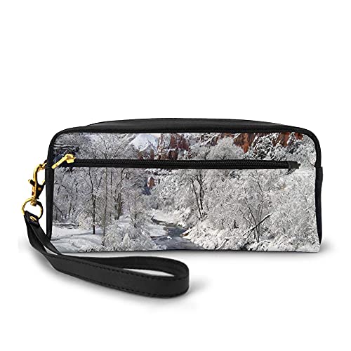 Large Capacity Pencil Case Durable,Winter Scene Of Snowy Trees And River,School Student Organizer Stationery Makeup bag for unisex