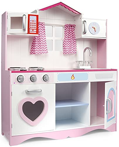 leomark Cocina Madera Infantil de Juguete - Pink Play - Accesorios, para Niños, Efectos de luz y Sonido, Dim: 82x30x101(Altura) cm + Kit de ollas metálicas con los Accesorios