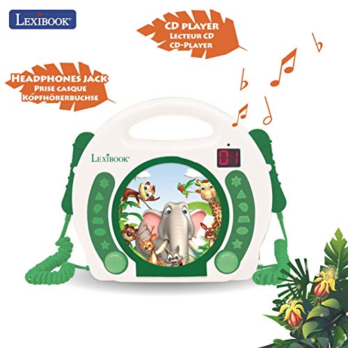 LEXiBOOK CD Portátil Animales con Micrófonos, reproductor de música, repetición y programación, selva, karaoke, conector para auriculares, niñas, blanco/verde (RCDK100ANX)