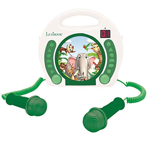 LEXiBOOK CD Portátil Animales con Micrófonos, reproductor de música, repetición y programación, selva, karaoke, conector para auriculares, niñas, blanco/verde (RCDK100ANX)