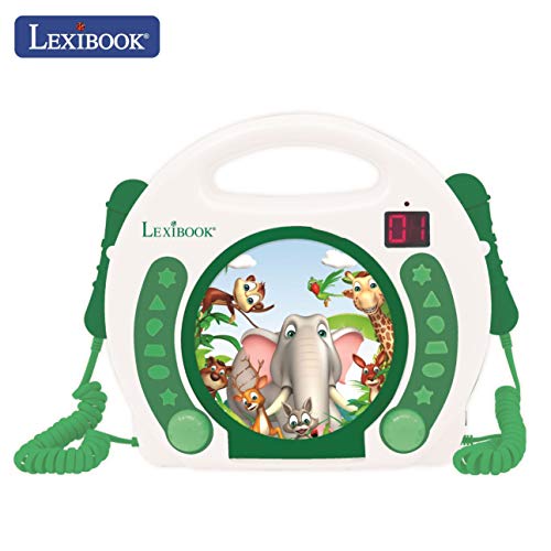 LEXiBOOK CD Portátil Animales con Micrófonos, reproductor de música, repetición y programación, selva, karaoke, conector para auriculares, niñas, blanco/verde (RCDK100ANX)