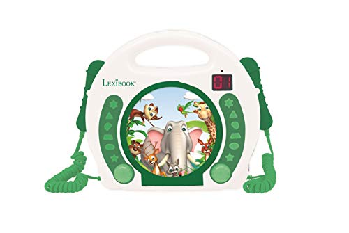 LEXiBOOK CD Portátil Animales con Micrófonos, reproductor de música, repetición y programación, selva, karaoke, conector para auriculares, niñas, blanco/verde (RCDK100ANX)