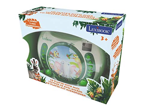 LEXiBOOK CD Portátil Animales con Micrófonos, reproductor de música, repetición y programación, selva, karaoke, conector para auriculares, niñas, blanco/verde (RCDK100ANX)