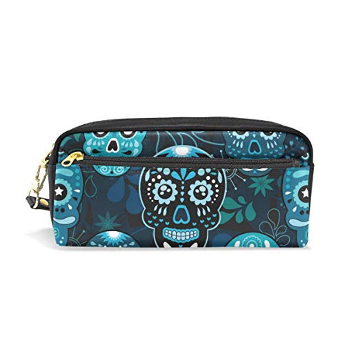 Linomo - Estuche de piel con cremallera y diseño de calavera de azúcar, para lápices, cosméticos, cosméticos, maquillaje, viajes, oficina, escuela