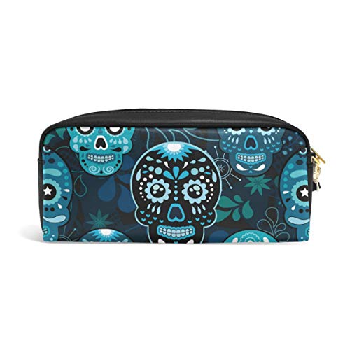 Linomo - Estuche de piel con cremallera y diseño de calavera de azúcar, para lápices, cosméticos, cosméticos, maquillaje, viajes, oficina, escuela