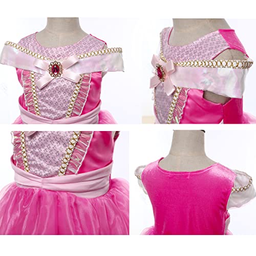 LiUiMiY Vestido Niña Princesa, Disfraz infantil de Princesa Rosa para Fiesta Carnaval Cumpleaños Cosplay, Rosa, 128-134 (etiqueta 130)