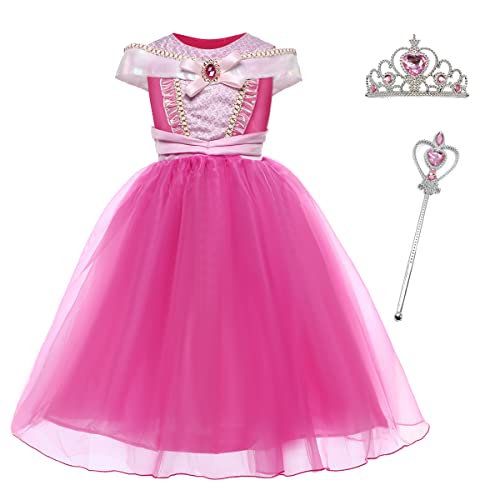 LiUiMiY Vestido Niña Princesa, Disfraz infantil de Princesa Rosa para Fiesta Carnaval Cumpleaños Cosplay, Rosa, 128-134 (etiqueta 130)