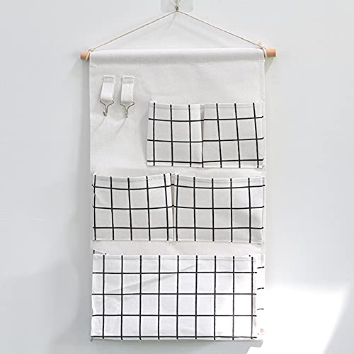 LIZHOUMIL Armario de pared con 5 bolsillos y 2 ganchos para llaves, tela de lino y algodón, organizadores colgantes para dormitorio, cuarto de baño (33 x 57 cm), rejilla blanca, ancho