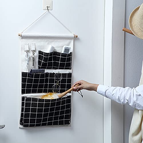 LIZHOUMIL Armario de pared con 5 bolsillos y 2 ganchos para llaves, tela de lino y algodón, organizadores colgantes para dormitorio, cuarto de baño (33 x 57 cm), rejilla blanca, ancho