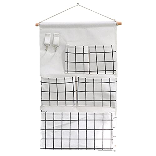 LIZHOUMIL Armario de pared con 5 bolsillos y 2 ganchos para llaves, tela de lino y algodón, organizadores colgantes para dormitorio, cuarto de baño (33 x 57 cm), rejilla blanca, ancho