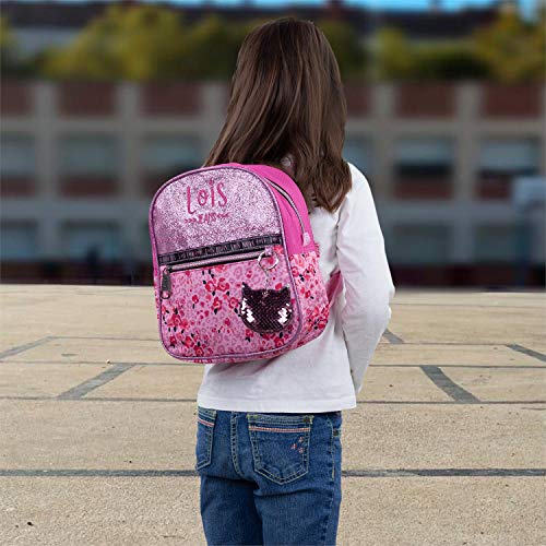 Lois - Mochila Infantil Niña Pequeña - Mochila Escolar Niña para Guardería o Colegio Resistente y Ligera de Marca Lois. Asa Superior y Tiras Ajustables y Llavero Incluido. 131834, Color Fucsia