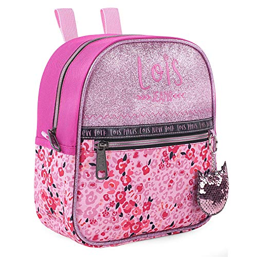 Lois - Mochila Infantil Niña Pequeña - Mochila Escolar Niña para Guardería o Colegio Resistente y Ligera de Marca Lois. Asa Superior y Tiras Ajustables y Llavero Incluido. 131834, Color Fucsia