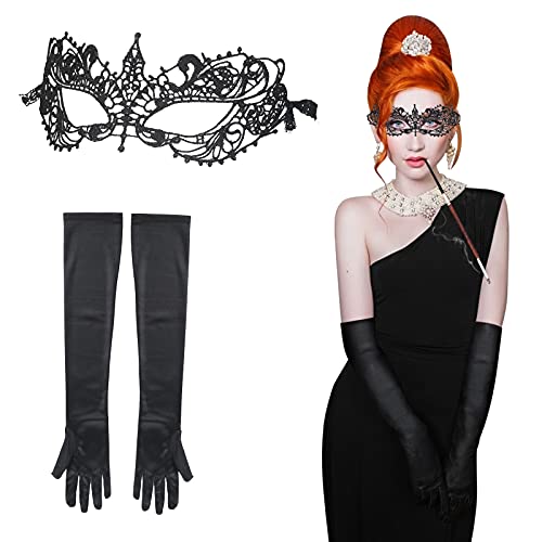 LOOPES 2pcs Máscara veneciana de ojos encaje para mujer Máscaras faciales gótico con guantes Halloween Mardi Gras Masquerade Disfraz Fiesta Mujer Negro.