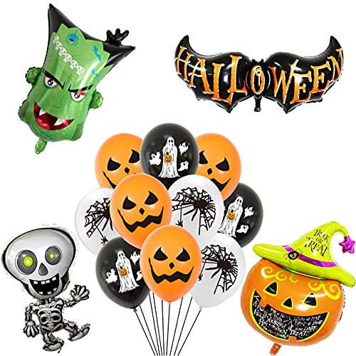 LUKIUP® Globos de Halloween Set,14pcs Globos de Látex y Aluminio de Halloween, Incluye Calabaza, Bruja, Esqueleto, Fantasma, Murciélago Globos, para Decoración de Fiesta de Halloween