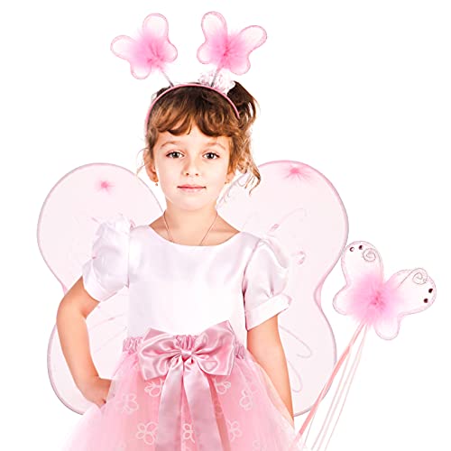 Lurrose Disfraz de hada para niñas pequeñas, disfraz de mariposa con vestido, alas, varita mágica y diadema para niños, Halloween, cumpleaños, vestido de fiesta