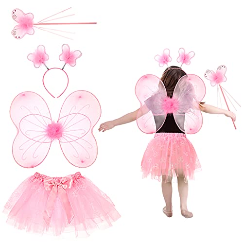 Lurrose Disfraz de hada para niñas pequeñas, disfraz de mariposa con vestido, alas, varita mágica y diadema para niños, Halloween, cumpleaños, vestido de fiesta