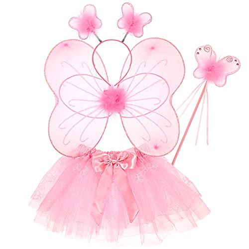 Lurrose Disfraz de hada para niñas pequeñas, disfraz de mariposa con vestido, alas, varita mágica y diadema para niños, Halloween, cumpleaños, vestido de fiesta