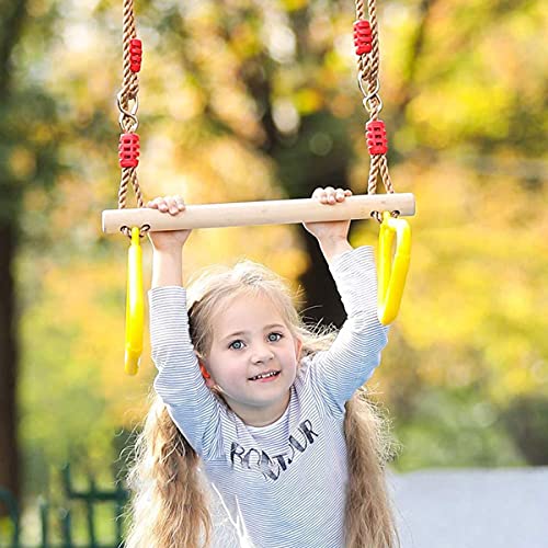 Madera con Gimnasia, Anillas de Gimnasia Trapezoidal Columpio 2 en 1 Infantil al Aire Libre Anillas Gimnasia Columpio Infantil Interior Trapecio para Niños