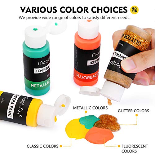 Magicfly Témpera en tubos de 60 ml, 30 colores lavables para manualidades con 3 cepillos, varios colores con purpurina, metalizado y brillante, juego de colores de gouache para niños, manualidades