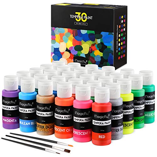 Magicfly Témpera en tubos de 60 ml, 30 colores lavables para manualidades con 3 cepillos, varios colores con purpurina, metalizado y brillante, juego de colores de gouache para niños, manualidades