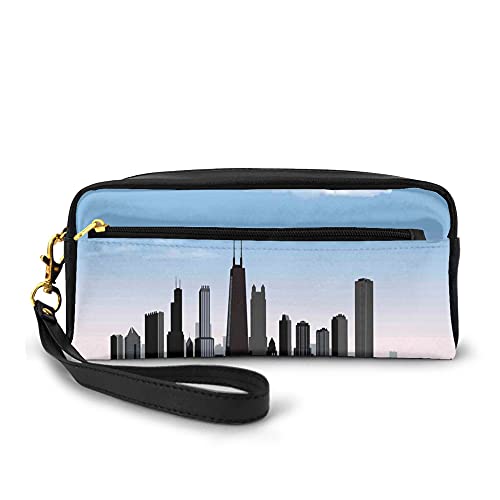 Makeup Bag,Day Time Illinois Missisippi River Clouds Coastal Town Urban Design,Zippered Lightweight Pencil Cases