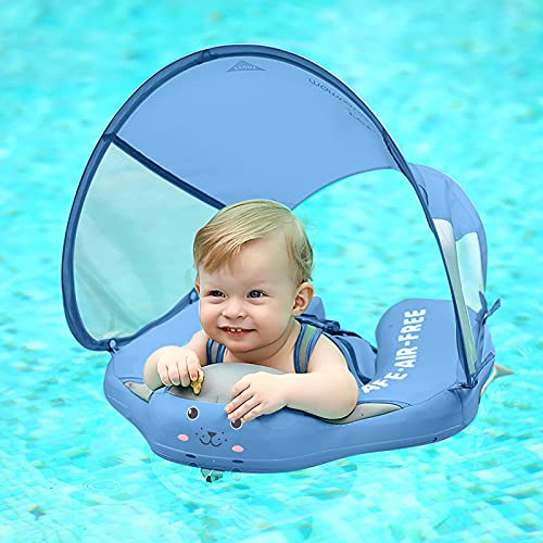 Mambobaby Flotador Ajustable Inflable de Bebe, Flotador Bebe con Toldo y Cinturón de Seguridad, Flotador de Natación para Bebé, Lindos Juguetes de Piscina de Verano para Bebés de 3 Meses a 4 Años