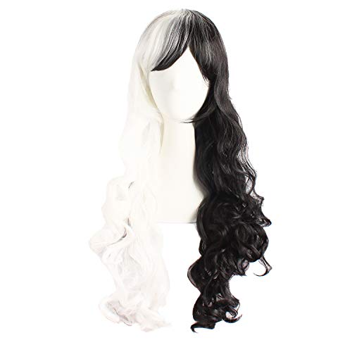 MapofBeauty 28"/70cm largo rizo seorita en trenza anime traje Pelucas (blanco/negro)