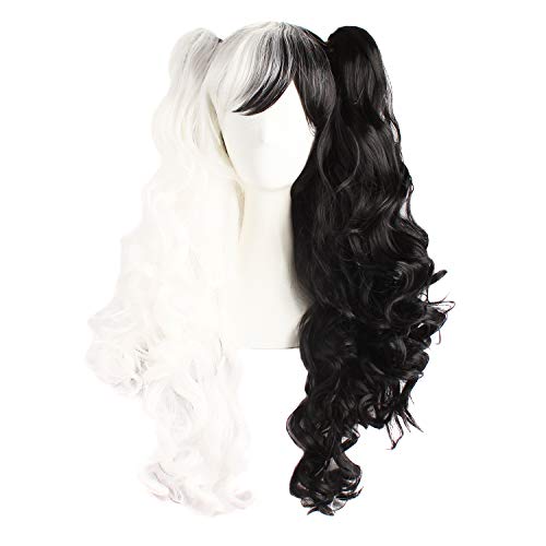 MapofBeauty 28"/70cm largo rizo seorita en trenza anime traje Pelucas (blanco/negro)