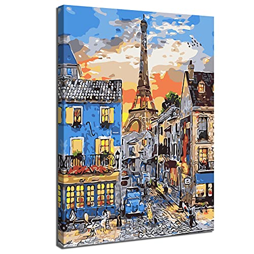 Marco de mader Pintar por Numeros Adultos Niños Pinturas por Numeros Cuadro Pintar con Numeros,Colorear por Numeros,Torre Eiffel Ciudad DIY Pinturas de óleo Kit con Pinceles y Pinturas 40x50cm