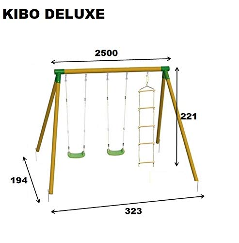 MASGAMES | Columpio de Madera KIBO Deluxe | Dos Asientos Planos de plástico de Cuerdas Regulables + una Escalera de Cuerdas | Madera tratada | Anclajes incluidos | Uso doméstico |