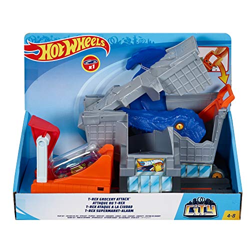 Mattel Attacco al Supermercato Hot Wheels-T-Rex Ataque a la ciudad, pistas de coches de juguetes niños +4 años, multicolor, 3 GBF92 , color/modelo surtido