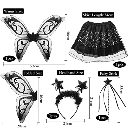 Meleager Disfraz de Hada para Niñas, 4PCS Niña Disfraz Mariposa, alas de Hadas, Tutú de Tul, Alas Mariposa Niña Disfraz, Varita Hada, Disfraz Hada, Alas Negras Disfraz, Disfraz de Fiesta