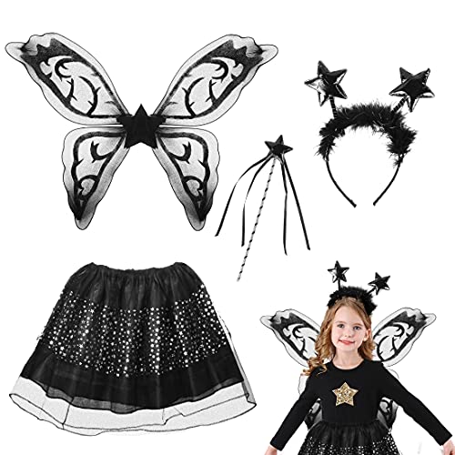 Meleager Disfraz de Hada para Niñas, 4PCS Niña Disfraz Mariposa, alas de Hadas, Tutú de Tul, Alas Mariposa Niña Disfraz, Varita Hada, Disfraz Hada, Alas Negras Disfraz, Disfraz de Fiesta