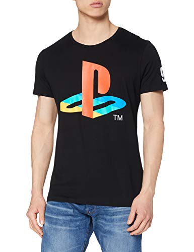 Meroncourt Sony Playstation Classic Logo and Colours Camiseta, Negro (Black), Large para Hombre