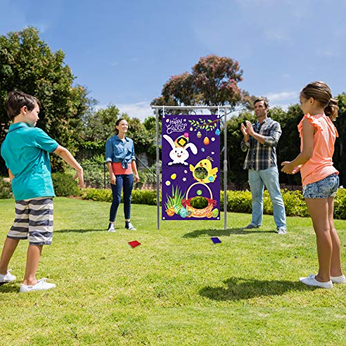 MEZOOM Juegos de Lanzamiento de Pascua Toss Games Banner Pancarta de Conejo con 3 piezas Bolsas de Frijoles Jugete de Jardines para Fiesta de Pascua Niños Adultos