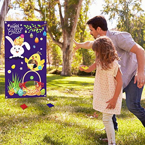 MEZOOM Juegos de Lanzamiento de Pascua Toss Games Banner Pancarta de Conejo con 3 piezas Bolsas de Frijoles Jugete de Jardines para Fiesta de Pascua Niños Adultos