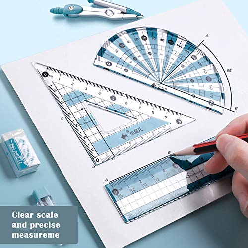 MHwan Compas Escolar, Set de Geometría, Juego de brújula de geometría con regla, transportador, borrador, recambios de plomo para estudiantes de matemáticas e ingeniería, 7 piezas, 18 x 8 cm